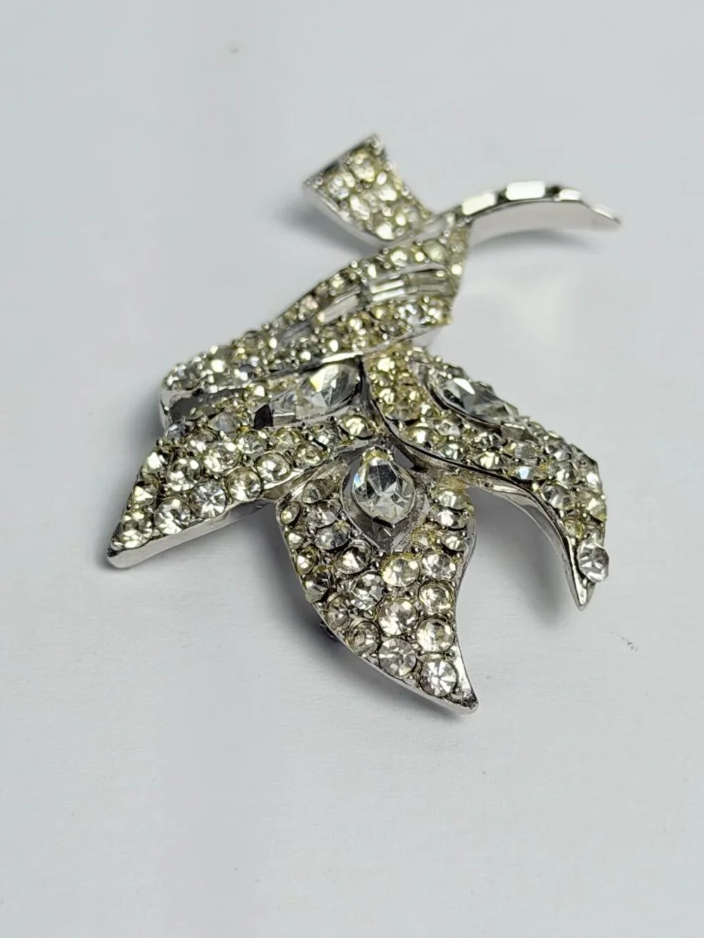 Vintage PELL Rhinestone Floral Spray Brooch 3in Silver Tone Baguette Marquise